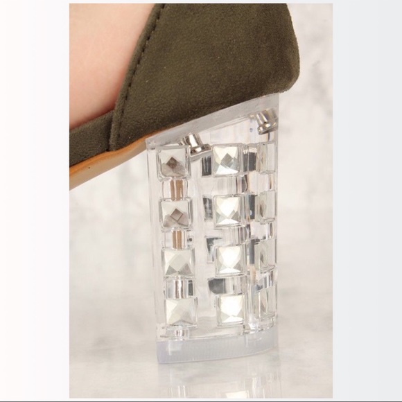 Olive Fur Clear Chunky Heels Suede - Picture 5 of 7